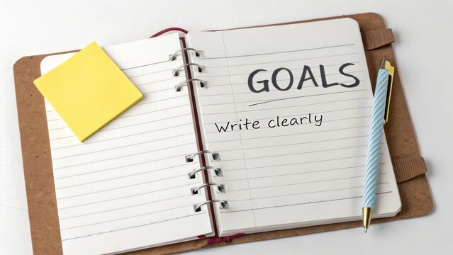 Notebook with handwritten goals, yellow sticky note, pen, and clear organization for personal planning and productivity