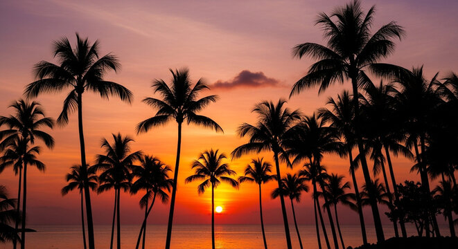 Silhouette of palm trees against a vibrant sunset sky over the ocean, creating a tropical paradise atmosphere with warm colors and peaceful scenery
