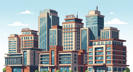 Illustration depicting a cityscape with several hotel buildings under a blue sky with white clouds