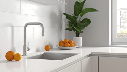 Modern Kitchen Sink with Oranges and Plant.