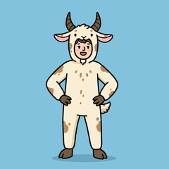 Cartoon person in white goat costume with brown spots and curved horns, smiling with hands on hips on light blue background.
