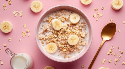Fototapeta premium Healthy Breakfast Bowl with Oats and Banana on Pink Background