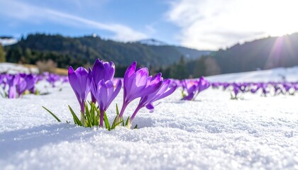 Crocuses blooming through snow in a mountain landscape.