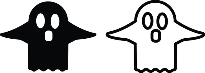 Ghost icon set in black flat and outline styles. Phantom or apparition haunting halloween ghost vectors, spooky ghost symbols, scary monster silhouette, horror cartoon phantom designs illustration.