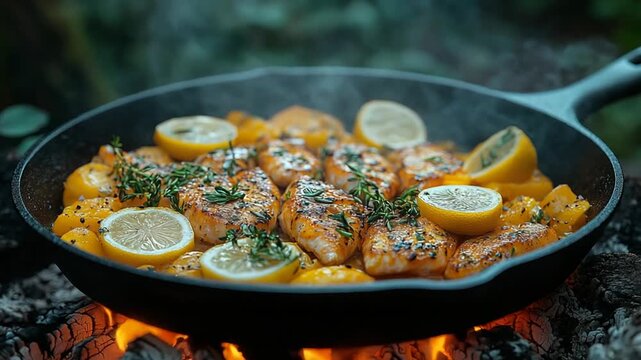 Delicious Salmon Dish Cooking Over Open Fire in Cast Iron Pan.
