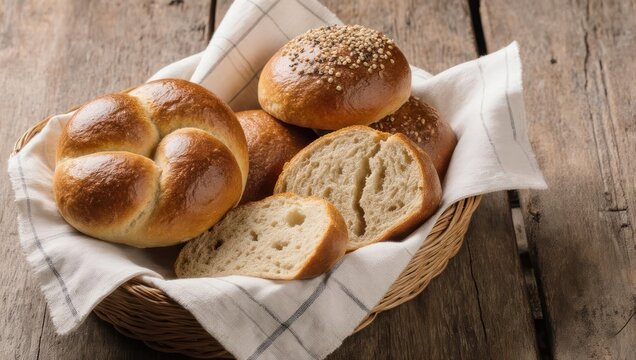 Freshly baked bread rolls and slices in a woven basket on a rustic wooden table.