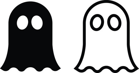 Ghost icon set in black flat and outline styles. Phantom or apparition haunting halloween ghost vectors, spooky ghost symbols, scary monster silhouette, horror cartoon phantom designs illustration.