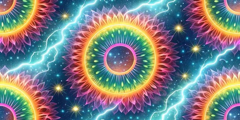 Fototapeta premium Cosmic Flower Seamless Pattern with Lightning Bright Colorful Illustration