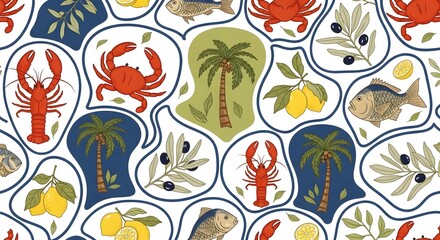Mediterranean Seafood and Citrus Pattern, Coastal Summer Food Illustration, Lobster, Lemon, and Olive Seamless Design