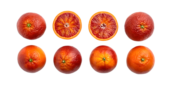 Eight blood oranges whole and halved arranged in two rows on black citrus fruit