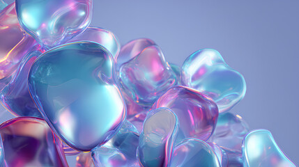 Abstract holographic 3d rendering shapes with soft pastel color gradient of blue purple. Liquid metal organic object set Stock Illustration