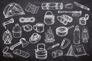 Various of bushcraft equipment seamless set on black background. Sketch of tent, campfire, compass, lantern, bag, pot, kettle, mug, hat, robe, axe, on chalk board. Line art of camping on black board