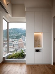 Bright corner interior featuring built-in white cabinetry, a window, and a wooden floor
