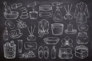 Various of spa supplies seamless set on black background. Sketch of towel, soap, bathrobe, oil, candle, bath stone, slippers on chalk board. Line art of spa equipment on black board