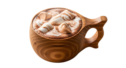 Warm up with creamy hot chocolate and marshmallows in a rustic wooden mug, perfect for cozy winter nights and holiday cheer with sweet indulgent flavor