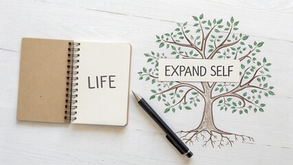 Notebook with the word Life next to a tree illustration symbolizing growth and self-expansion on a wooden surface