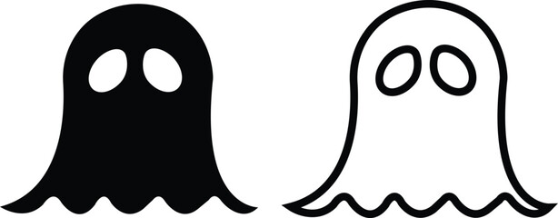 Ghost icon set in black flat and outline styles. Phantom or apparition haunting halloween ghost vectors, spooky ghost symbols, scary monster silhouette, horror cartoon phantom designs illustration.