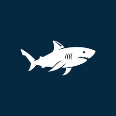 White shark silhouette swimming on a dark blue background, showcasing its distinctive dorsal fin and sharp teeth.