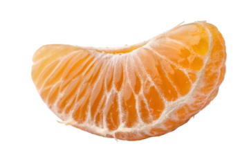 Close up of a single peeled mandarin orange segment with white pith citrus fruit
