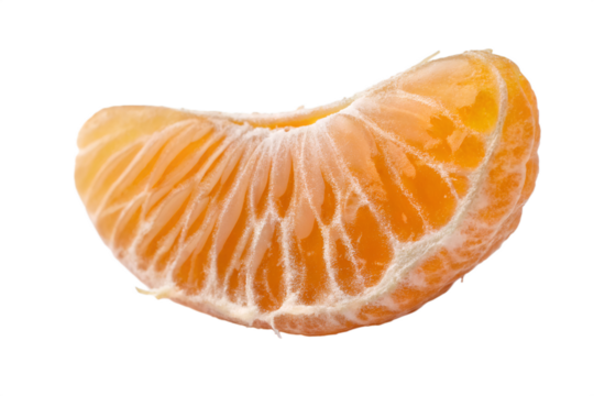 Close up of a single peeled mandarin orange segment with white pith citrus fruit