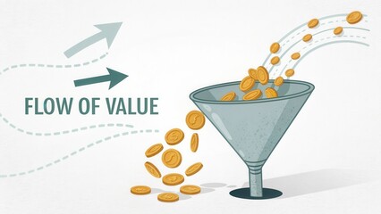 Flow of Value Concept with Funnel and Coins Illustrating Financial Dynamics and Economic Transactions