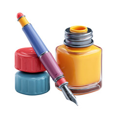 Ink Pen with Bottle, Closeup, Render, and Black Background.