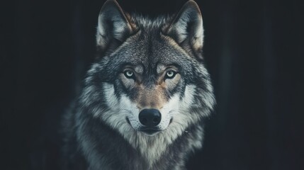 Obraz premium Grey Wolf Portrait in Dark Forest