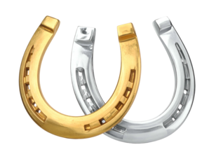 Two horseshoes, one gold, one silver, overlapping on a black background