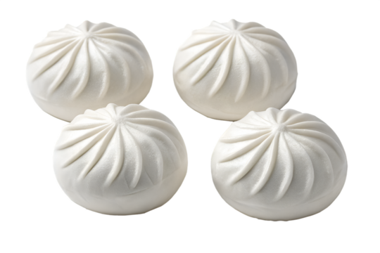 Four white steamed buns with pleated tops arranged on black background baozi white buns