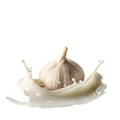 Garlic bulb splashing into white liquid against black background milk