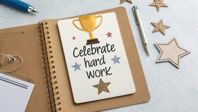 Celebrate Hard Work with Trophy and Stars on Notebook Surrounded by Stationery and Craft Supplies - Powered by Adobe