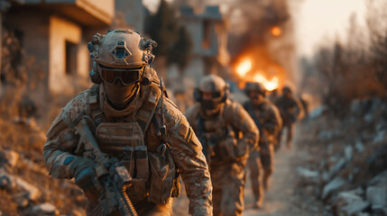 Tactical Soldiers Advancing Through War Zone with Fire and Destruction in Background