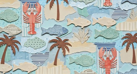 Torn Paper Ocean Collage, Coastal Scene Papercraft Art, Textured Seaside Diorama