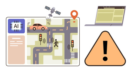 Traffic management map features AI chip, self-driving car, satellite, traffic lights, warning sign, and laptop. Ideal for technology, AI, navigation safety automation smart systems road networks