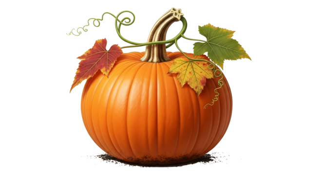 Celebrate autumn with a vibrant orange pumpkin, complete with leaves and curling vines for festive fall designs and Thanksgiving harvest celebrations