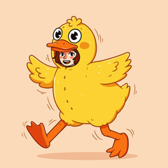 Cartoon person in oversized yellow duck costume with expressive eyes and orange feet, smiling while walking or dancing on light peach background.