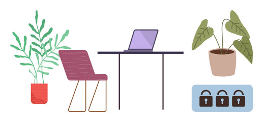 Laptop on table with chairs, green potted plants, and padlock icons emphasizing security. Ideal for productivity, workspace management, security, nature in office, remote work, minimalism simple