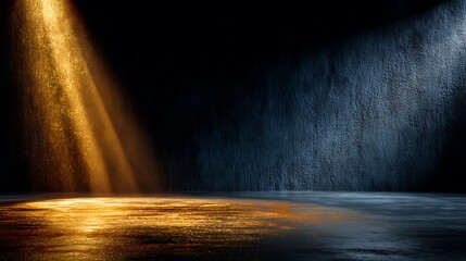 Elegant golden metallic surface illuminated by a single top spotlight on dark background. Luxury premium product presentation concept with clean blank zone for branding and advertising design.