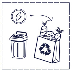 Illustration of a solar powered trash bin and a shopping bag filled with fresh produce and a recycling symbol