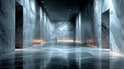 Luxury minimalist interior with elegant marble wall texture and soft side lighting, featuring spacious empty center area ideal for text overlay, branding or product presentation.