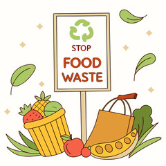 Stop food waste illustration with recycling symbol fresh fruits vegetables and shopping bag promoting sustainability and eco friendly practices
