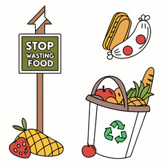 Stop wasting food sign with a shopping bag full of groceries and discarded food items