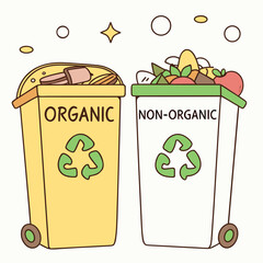 Two colorful recycling bins one for organic waste and one for non organic waste with recycling symbols and overflowing contents