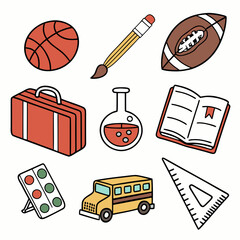 A collection of school and sports related items including a basketball football paint set school bus and lab flask
