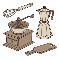 A collection of vintage kitchen tools including a manual coffee grinder a moka pot a whisk and a wooden cutting board