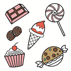 A collection of sweet treats including a chocolate bar ice cream cone cupcake lollipop wrapped candy and chocolate pieces on a white background
