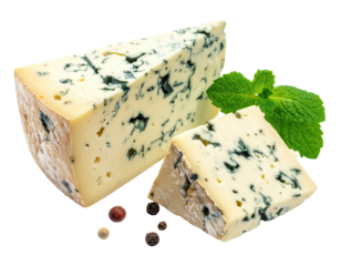A wedge of blue cheese, two slices, with fresh mint leaves and peppercorns