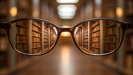 Glasses reflecting a library, creating a unique perspective that highlights knowledge and learning in a visually striking manner.