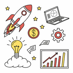 Business startup concept with rocket ship idea light bulb money graph laptop and gears illustration