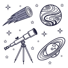 A whimsical collection of hand drawn space elements including a telescope a comet a planet and saturn surrounded by stars and circles on a white background